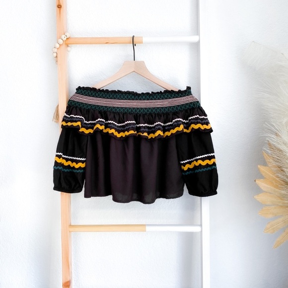 Red Carter Ric Rac Off The Shoulder Cropped Crop Top Paloma Ruffle Embroidered - Picture 13 of 14